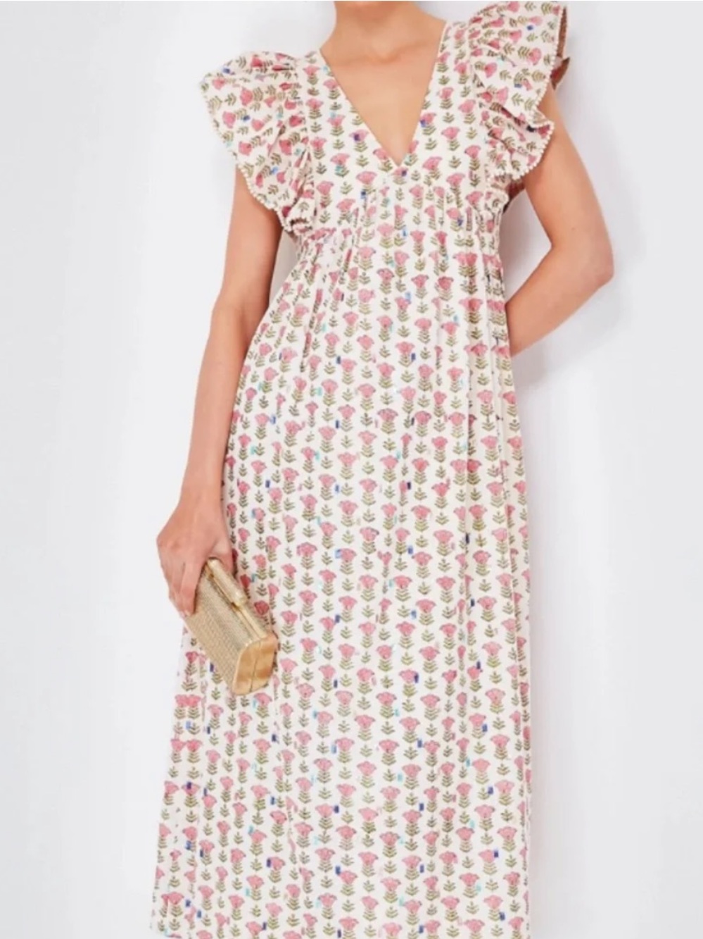Saylor Floral Ruffle V-Neck Maxi Dress in Cream and Pink